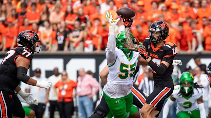 Oregon defensive lineman Derrick Harmon pressures Oregon State wide receiver Jeremiah Noga as the Oregon State Beavers host the Oregon Ducks Saturday, Sept. 14, 2024 at Reser Stadium in Corvallis, Ore.