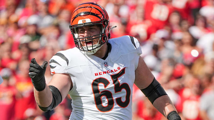 Sep 15, 2024; Kansas City, Missouri, USA; Cincinnati Bengals guard Alex Cappa (65) on the line of scrimmage against the Kansas City Chiefs during the game at GEHA Field at Arrowhead Stadium. Mandatory Credit: Denny Medley-Imagn Images