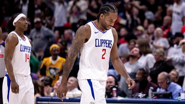 Mar 15, 2024; New Orleans, Louisiana, USA;  LA Clippers forward Kawhi Leonard (2) reacts after a