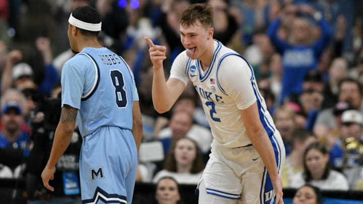 Mar 21, 2025; Raleigh, NC, USA; Duke Blue Devils forward Cooper Flagg (2) celebrates during the first half against the Mount St. Mary's Mountaineers in the first round of the NCAA Tournament at Lenovo Center. Mandatory Credit: Zachary Taft-Imagn Images
