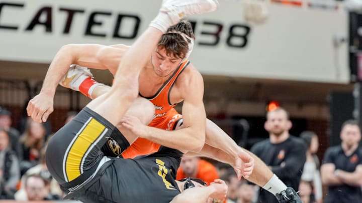 Oklahoma State’s Dean Hamiti Jr. gets near fall pointer on Jeremy Jakowitsch during an NCAA wrestling meet between Oklahoma State and Missouri at Gallagher-Iba Arena in Stillwater, Okla., on Sunday, Feb. 2, 2025.