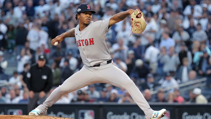 Oct 1, 2025; Bronx, New York, USA; Boston Red Sox starting pitcher Brayan Bello (66) pitches against the New York Yankees during the first inning of game two of the Wildcard round of the 2025 MLB playoffs at Yankee Stadium. Mandatory Credit: Brad Penner-Imagn Images