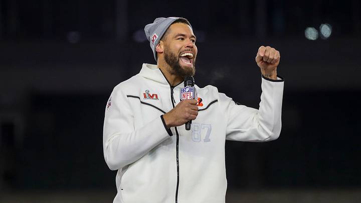 Feb 7, 2022; Cincinnati, OH, USA; Cincinnati Bengals tight end C.J. Uzomah (87) speaks during the Super Bowl Opening Night Fan Rally at Paul Brown Stadium. Mandatory Credit: Katie Stratman-USA TODAY Sports Feb 7, 2022; Cincinnati, OH, USA; Cincinnati Bengals tight end C.J. Uzomah (87) speaks during the Super Bowl Opening Night Fan Rally at Paul Brown Stadium. Mandatory Credit: Katie Stratman-USA TODAY Sports
