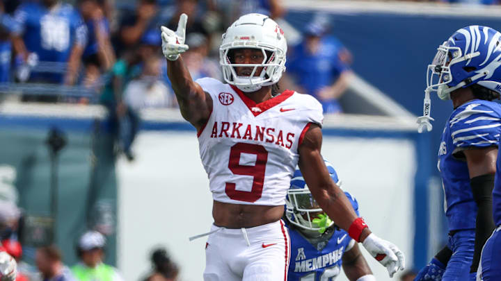 Sep 20, 2025; Memphis, Tennessee, USA; Arkansas Razorbacks wide receiver O'Mega Blake (9) reacts after a first down against the Memphis Tigers during the second half at Simmons Bank Liberty Stadium. Mandatory Credit: Wesley Hale-Imagn Images