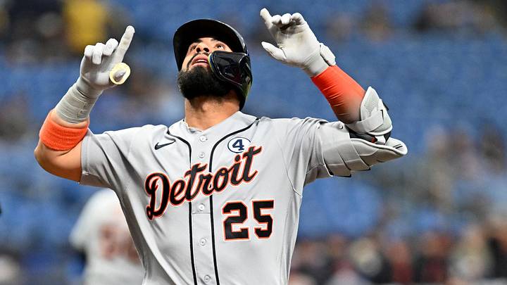 Jun 2, 2026; St. Petersburg, Florida, USA; Detroit Tigers second baseman Gleyber Torres (25) celebrates after hitting a solo home run in the first inning against the Tampa Bay Rays at Tropicana Field. Mandatory Credit: Jonathan Dyer-Imagn Images Jun 2, 2026; St. Petersburg, Florida, USA; Detroit Tigers second baseman Gleyber Torres (25) celebrates after hitting a solo home run in the first inning against the Tampa Bay Rays at Tropicana Field. Mandatory Credit: Jonathan Dyer-Imagn Images