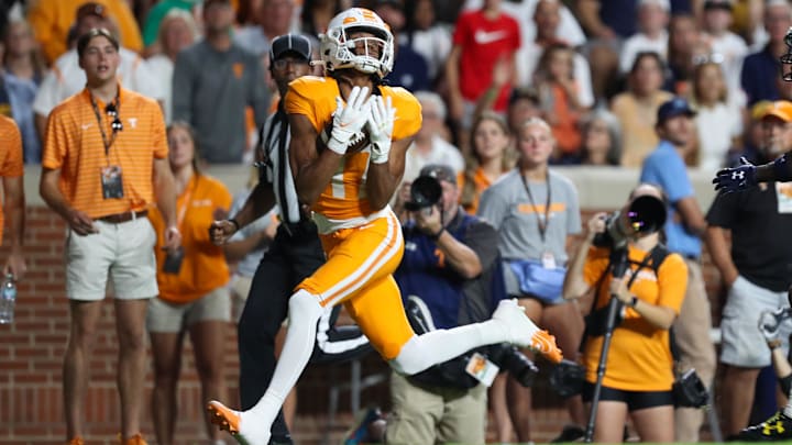 Sep 14, 2024; Knoxville, Tennessee, USA; Tennessee Volunteers wide receiver Chris Brazzell II (17) catches a pass for a touchdown against the Kent State Golden Flashes at Neyland Stadium. Mandatory Credit: Randy Sartin-Imagn Images