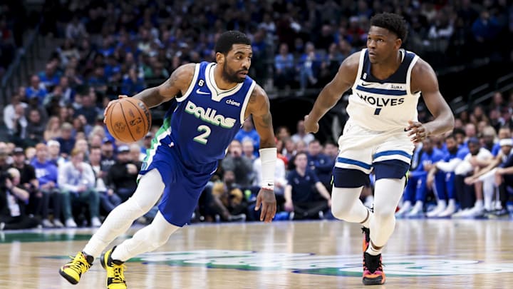 Feb 13, 2023; Dallas, Texas, USA;  Dallas Mavericks guard Kyrie Irving (2) drives to the basket as