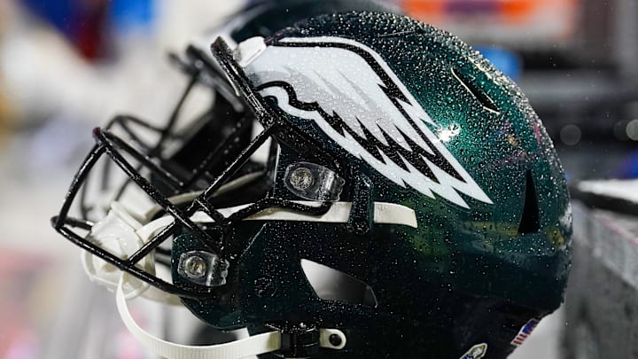 Nov 20, 2023; Kansas City, Missouri, USA; A general view of a Philadelphia Eagles helmet against the Kansas City Chiefs prior to a game at GEHA Field at Arrowhead Stadium. Mandatory Credit: Denny Medley-Imagn Images