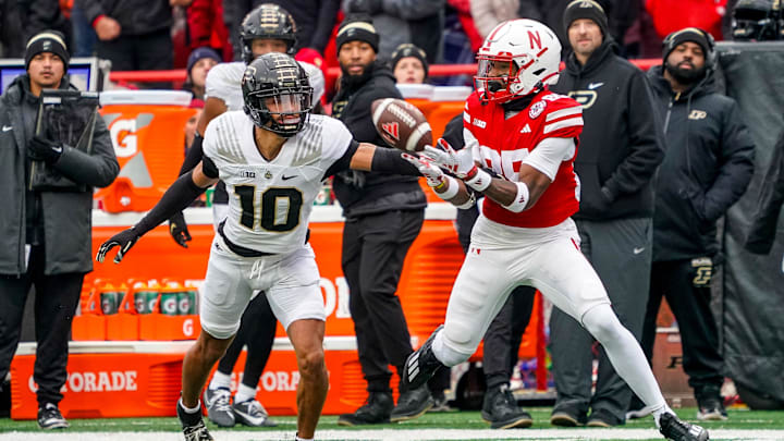 Oct 28, 2023; Lincoln, Nebraska, USA; Purdue Boilermakers defensive back Cam Allen (10) breaks up a pass to Nebraska Cornhuskers wide receiver Jaidyn Doss (85) during the first quarter at Memorial Stadium. Mandatory Credit: Dylan Widger-Imagn Images Oct 28, 2023; Lincoln, Nebraska, USA; Purdue Boilermakers defensive back Cam Allen (10) breaks up a pass to Nebraska Cornhuskers wide receiver Jaidyn Doss (85) during the first quarter at Memorial Stadium. Mandatory Credit: Dylan Widger-Imagn Images