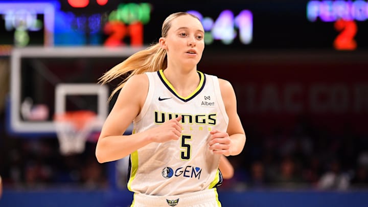 May 29, 2025; Chicago, Illinois, USA; Dallas Wings guard Paige Bueckers (5) is seen during the first half against the Chicago Sky at the Wintrust Arena. Mandatory Credit: Patrick Gorski-Imagn Images
