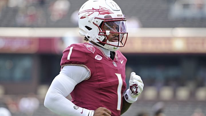Sep 20, 2025; Tallahassee, Florida, USA; Florida State Seminoles quarterback Thomas Castellanos (0) warms up before the game against the Kent State Golden Flashes at Doak S. Campbell Stadium. Mandatory Credit: Melina Myers-Imagn Images