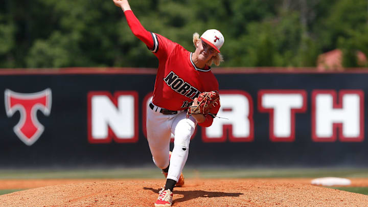 North Oconee's Bubba Chandler throws a pitch during Game 1 of a GHSA Class 4A semifinal doubleheader
