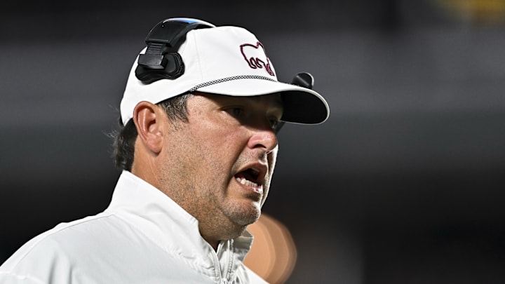 Oct 4, 2025; College Station, Texas, USA; Mississippi State Bulldogs head coach Jeff Lebby reacts during the second quarter against the Texas A&M Aggies at Kyle Field. Mandatory Credit: Maria Lysaker-Imagn Images 