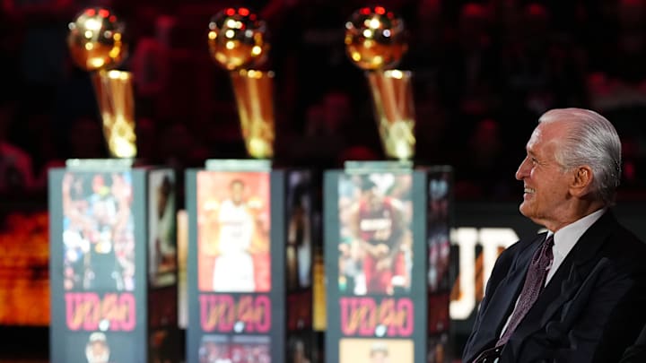 Jan 19, 2024; Miami, Florida, USA; Miami Heat president Pat Riley sits on the court for the jersey retirement ceremony for former player Udonis Haslem during halftime of the game between the Miami Heat and the Atlanta Hawks Kaseya Center. Mandatory Credit: Jasen Vinlove-Imagn Images