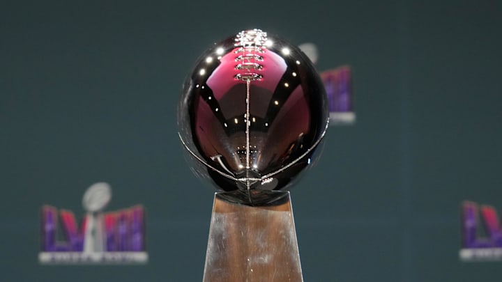 Feb 12, 2024; Las Vegas, NV, USA; The Vince Lombardi trophy at the Super Bowl LVIII Winning Head Coach and Most Valuable Player Press Conference at the Super Bowl 58 media center at the Mandalay Bay North Convention Center. Mandatory Credit: Kirby Lee-Imagn Images