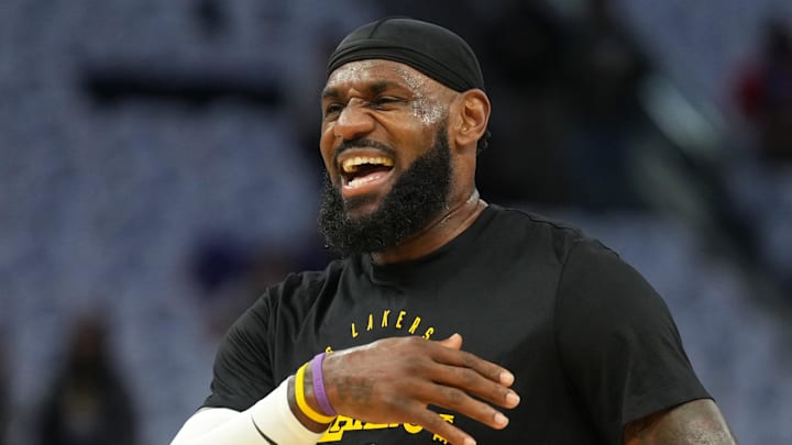 Dec 25, 2024; San Francisco, California, USA; Los Angeles Lakers forward LeBron James (23) before the game against the Golden State Warriors at Chase Center. Mandatory Credit: Darren Yamashita-Imagn Images