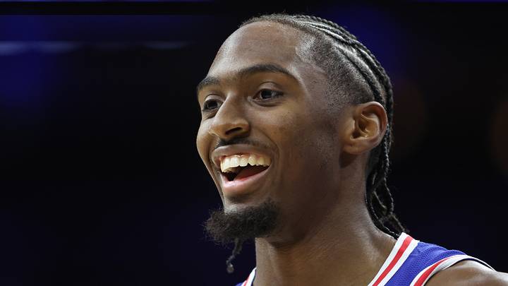 Philadelphia 76ers guard Tyrese Maxey (0) smiles during a break in action against the Orlando Magic in the second quarter at Xfinity Mobile Arena on oct. 27, 2025. Philadelphia 76ers guard Tyrese Maxey (0) smiles during a break in action against the Orlando Magic in the second quarter at Xfinity Mobile Arena on oct. 27, 2025.