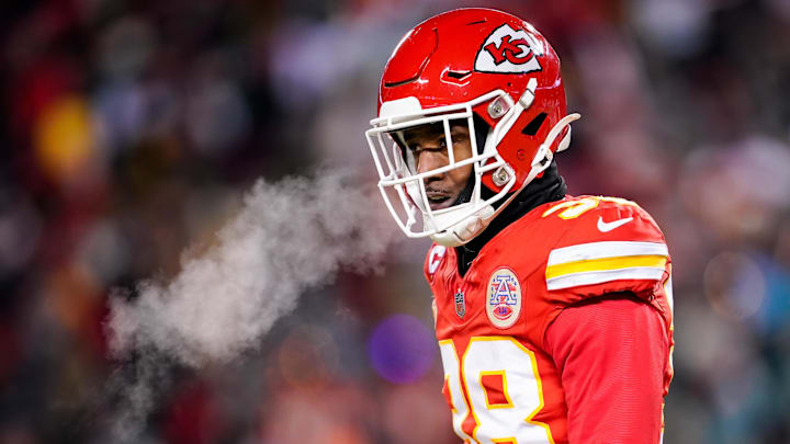 Jan 13, 2024; Kansas City, Missouri, USA; Kansas City Chiefs cornerback L'Jarius Sneed (38) reacts after a play during the first half of a 2024 AFC wild card game against the Miami Dolphins at GEHA Field at Arrowhead Stadium. Mandatory Credit: Jay Biggerstaff-Imagn Images