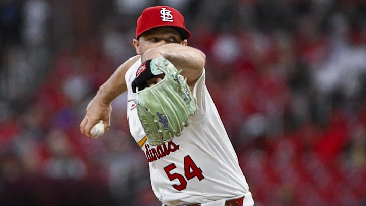 Sep 18, 2024; St. Louis, Missouri, USA;  St. Louis Cardinals starting pitcher Sonny Gray (54) pitches against the Pittsburgh Pirates during the second inning at Busch Stadium. 