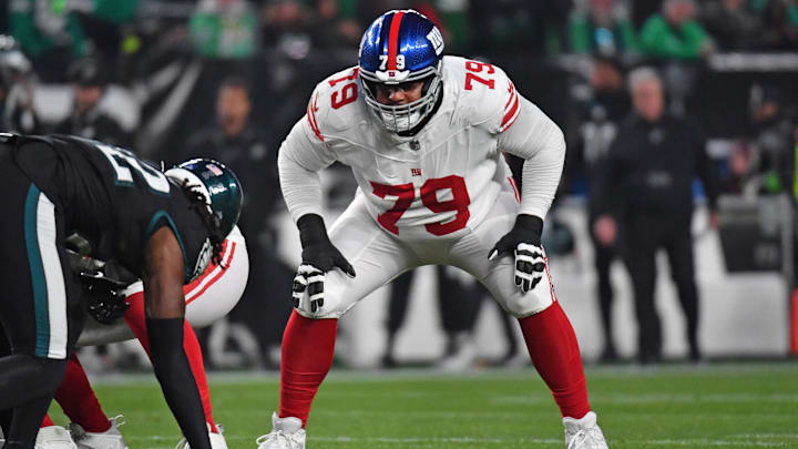 Dec 25, 2023; Philadelphia, Pennsylvania, USA; New York Giants offensive tackle Tyre Phillips (79) against the Philadelphia Eagles at Lincoln Financial Field.  
