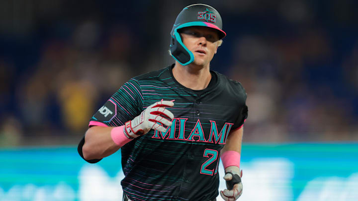 Jul 5, 2025; Miami, Florida, USA; Miami Marlins left fielder Kyle Stowers (28) circles the bases after hitting a solo home run against the Milwaukee Brewers during the second inning at loanDepot Park. Mandatory Credit: Sam Navarro-Imagn Images