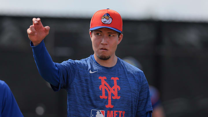 Feb 12, 2025; Port St. Lucie, FL, USA; New York Mets pitcher Kodai Senga (34) works during Spring Training workouts at Clover Park. Mandatory Credit: Sam Navarro-Imagn Images