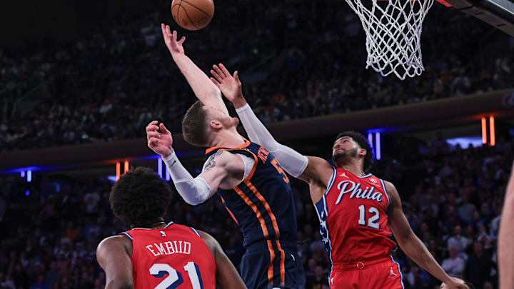 Apr 22, 2024; New York, New York, USA;  New York Knicks center Isaiah Hartenstein (55) rebounds