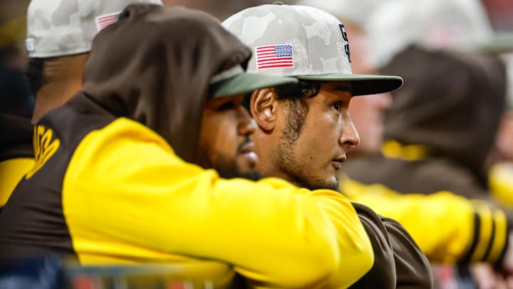 May 17, 2025; San Diego, California, USA; San Diego Padres Yu Darvish (11) watches play during the ninth inning against the Seattle Mariners at Petco Park. Mandatory Credit: David Frerker-Imagn Images