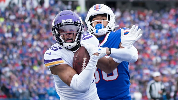 Nov 13, 2022; Orchard Park, New York, USA; Minnesota Vikings wide receiver Justin Jefferson (18) and Buffalo Bills cornerback Dane Jackson (30) Nov 13, 2022; Orchard Park, New York, USA; Minnesota Vikings wide receiver Justin Jefferson (18) and Buffalo Bills cornerback Dane Jackson (30)
