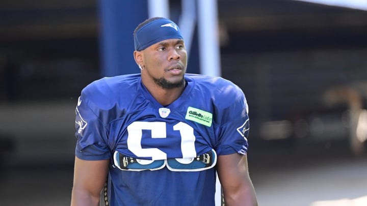 Aug 2, 2023; Foxborough, MA, USA; New England Patriots defensive end Keion White (51) heads to the practice fields at Gillette Stadium. Mandatory Credit: Eric Canha-USA TODAY Sports