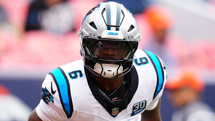 Oct 27, 2024; Denver, Colorado, USA; Carolina Panthers running back Miles Sanders (6) before the game against the Denver Broncos at Empower Field at Mile High. Mandatory Credit: Ron Chenoy-Imagn Images