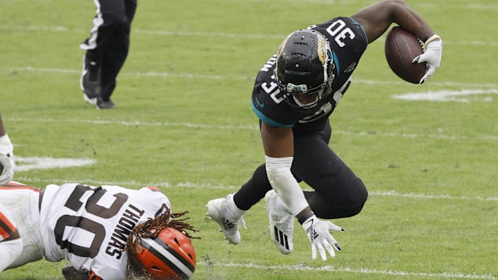 Nov 29, 2020; Jacksonville, Florida, USA;  Jacksonville Jaguars running back James Robinson (30).