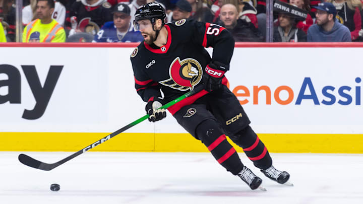 Apr 24, 2025; Ottawa, Ontario, CAN; Ottawa Senators left wing David Perron (57) skates with the puck in game three of the first round of the 2025 Stanley Cup Playoffs against the Toronto Maple Leafs at Canadian Tire Centre. Mandatory Credit: Marc DesRosiers-Imagn Images Apr 24, 2025; Ottawa, Ontario, CAN; Ottawa Senators left wing David Perron (57) skates with the puck in game three of the first round of the 2025 Stanley Cup Playoffs against the Toronto Maple Leafs at Canadian Tire Centre. Mandatory Credit: Marc DesRosiers-Imagn Images