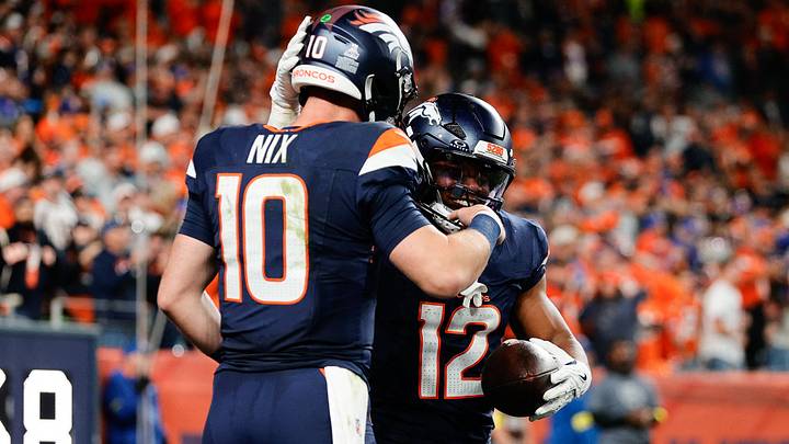 Sep 29, 2025; Denver, Colorado, USA; Denver Broncos running back RJ Harvey (12) celebrates with Denver Broncos quarterback Bo Nix (10) after scoring a touchdown during the fourth quarter against the Cincinnati Bengals at Empower Field at Mile High. Sep 29, 2025; Denver, Colorado, USA; Denver Broncos running back RJ Harvey (12) celebrates with Denver Broncos quarterback Bo Nix (10) after scoring a touchdown during the fourth quarter against the Cincinnati Bengals at Empower Field at Mile High.