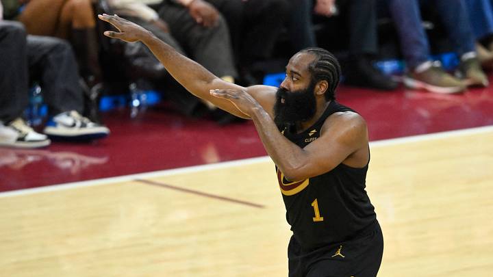 Oct 26, 2026; Cleveland, Ohio, USA;  Cleveland Cavaliers guard James Harden (1) celebrates his three-point basket in the fourth quarter against the Minnesota Timberwolves at Rocket Arena.  Mandatory Credit: David Richard-Imagn Images