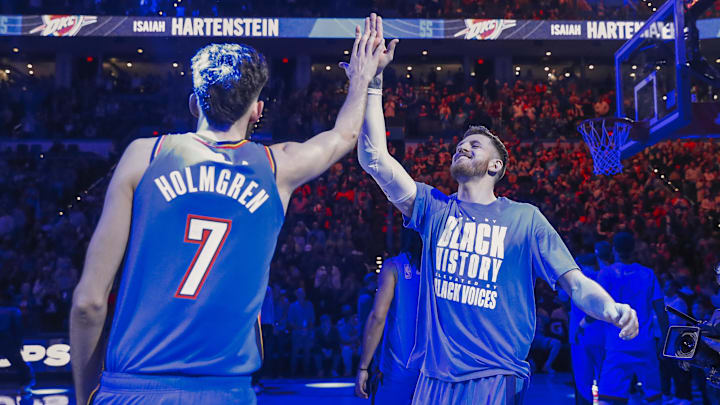 Feb 7, 2025; Oklahoma City, Oklahoma, USA; Oklahoma City Thunder center Isaiah Hartenstein (55) high-fives forward Chet Holmgren (7) during pregame introductions against the Toronto Raptors at Paycom Center. Mandatory Credit: Alonzo Adams-Imagn Images Feb 7, 2025; Oklahoma City, Oklahoma, USA; Oklahoma City Thunder center Isaiah Hartenstein (55) high-fives forward Chet Holmgren (7) during pregame introductions against the Toronto Raptors at Paycom Center. Mandatory Credit: Alonzo Adams-Imagn Images