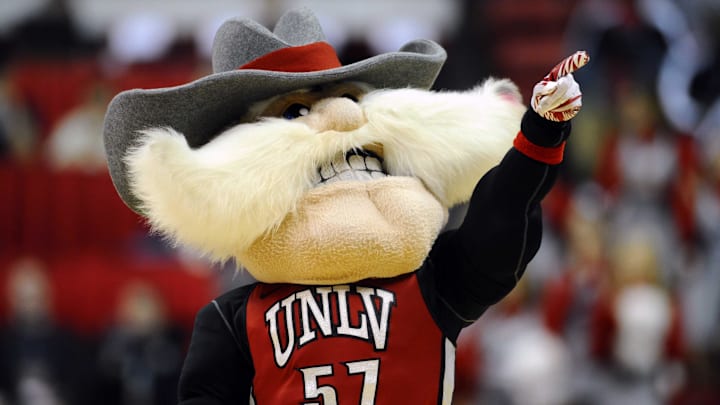 UNLV Rebels mascot Hey Reb performs after a timeout called by the New Mexico Lobos in the first half of the semifinal round of the 2012 Mountain West Tournament at the Thomas & Mack Center. Mandatory Credit: Ron Chenoy-Imagn Images