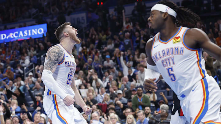 Nov 20, 2024; Oklahoma City, Oklahoma, USA; Oklahoma City Thunder center Isaiah Hartenstein (55) celebrates after scoring against the Portland Trail Blazers during the second half at Paycom Center. Mandatory Credit: Alonzo Adams-Imagn Images Nov 20, 2024; Oklahoma City, Oklahoma, USA; Oklahoma City Thunder center Isaiah Hartenstein (55) celebrates after scoring against the Portland Trail Blazers during the second half at Paycom Center. Mandatory Credit: Alonzo Adams-Imagn Images