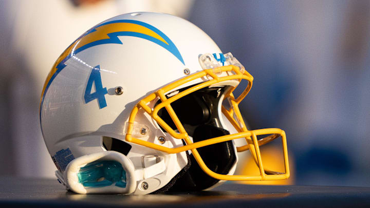 General view of the helmet belonging to Los Angeles Chargers place kicker Dustin Hopkins (not pictured) during the first quarter against the San Francisco 49ers at Levi's Stadium. 