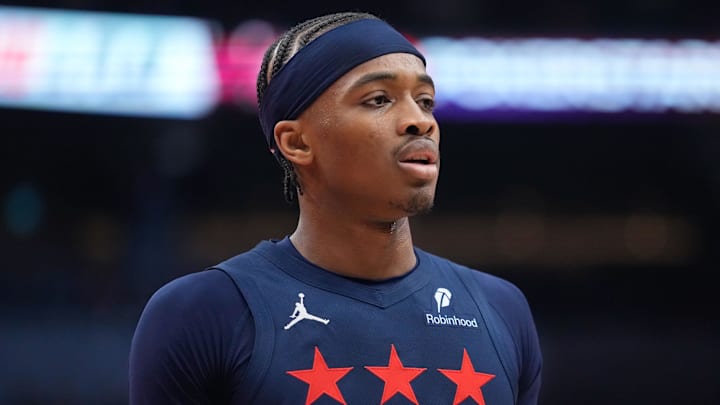 Mar 10, 2025; Toronto, Ontario, CAN; Washington Wizards forward Bilal Coulibaly (0) during a a game against the Toronto Raptors at Scotiabank Arena. Mandatory Credit: John E. Sokolowski-Imagn Images