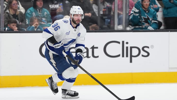 Jan 3, 2026; San Jose, California, USA; Tampa Bay Lightning right wing Nikita Kucherov (86) during the second period against the San Jose Sharks at SAP Center at San Jose. Mandatory Credit: Darren Yamashita-Imagn Images