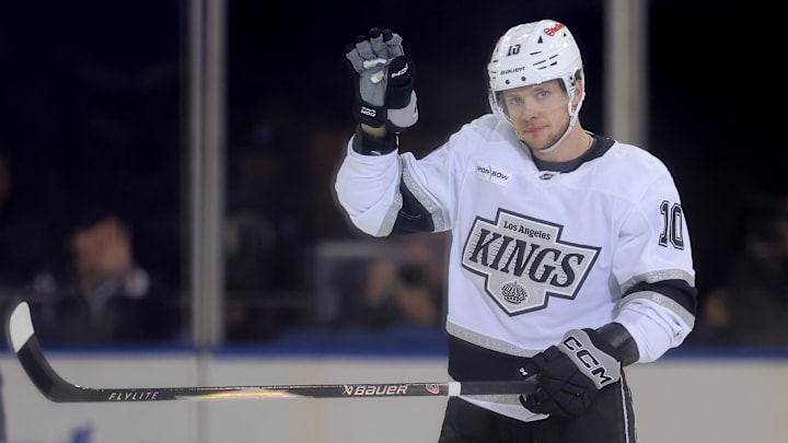 Mar 16, 2026; New York, New York, USA; Los Angeles Kings left wing Artemi Panarin (10) waves to the fans after a tribute video by the New York Rangers during a time out during the first period at Madison Square Garden. Mandatory Credit: Brad Penner-Imagn Images
