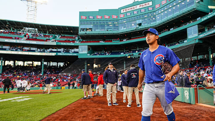 Apr 26, 2024; Boston, Massachusetts, USA; Chicago Cubs starting pitcher Shota Imanaga (18) walks