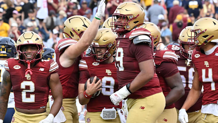 Sep 27, 2025; Chestnut Hill, Massachusetts, USA; Boston College Eagles quarterback Dylan Lonergan (9) reacts to his touchdown against the California Golden Bears during the first half at Alumni Stadium. Mandatory Credit: Eric Canha-Imagn Images Sep 27, 2025; Chestnut Hill, Massachusetts, USA; Boston College Eagles quarterback Dylan Lonergan (9) reacts to his touchdown against the California Golden Bears during the first half at Alumni Stadium. Mandatory Credit: Eric Canha-Imagn Images