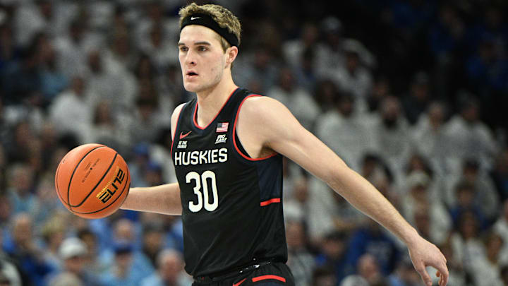 Feb 11, 2025; Omaha, Nebraska, USA; Connecticut Huskies forward Liam McNeeley (30) dribbles against the Creighton Bluejays during the first half at CHI Health Center Omaha. Mandatory Credit: Steven Branscombe-Imagn Images Feb 11, 2025; Omaha, Nebraska, USA; Connecticut Huskies forward Liam McNeeley (30) dribbles against the Creighton Bluejays during the first half at CHI Health Center Omaha. Mandatory Credit: Steven Branscombe-Imagn Images