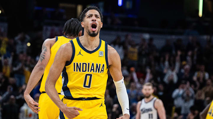 Mar 31, 2025; Indianapolis, Indiana, USA; Indiana Pacers guard Tyrese Haliburton (0) celebrates the game winning basket in the second half against the Sacramento Kings at Gainbridge Fieldhouse. Mandatory Credit: Trevor Ruszkowski-Imagn Images Mar 31, 2025; Indianapolis, Indiana, USA; Indiana Pacers guard Tyrese Haliburton (0) celebrates the game winning basket in the second half against the Sacramento Kings at Gainbridge Fieldhouse. Mandatory Credit: Trevor Ruszkowski-Imagn Images