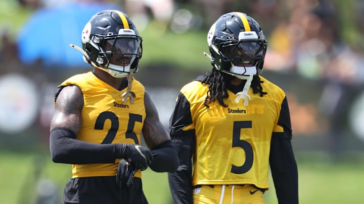 Jul 24, 2025; Latrobe, PA, USA;  Pittsburgh Steelers safeties DeShon Elliott (25) and Jalen Ramsey (5) participate in drills during training camp at Saint Vincent College. Mandatory Credit: Charles LeClaire-Imagn Images