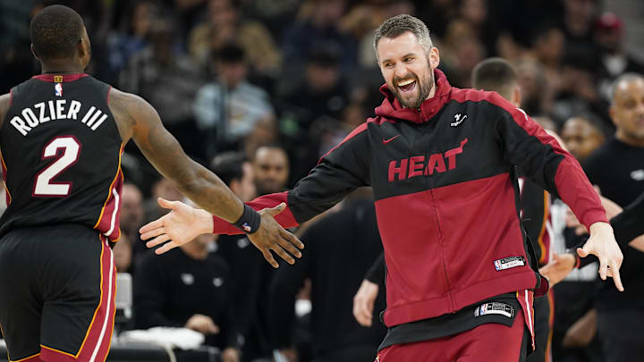 Feb 1, 2025; San Antonio, Texas, USA; Miami Heat forward Kevin Love (42) reacts after guard Terry Rozier (2) scored during the second half against the San Antonio Spurs at Frost Bank Center. Mandatory Credit: Scott Wachter-Imagn Images Feb 1, 2025; San Antonio, Texas, USA; Miami Heat forward Kevin Love (42) reacts after guard Terry Rozier (2) scored during the second half against the San Antonio Spurs at Frost Bank Center. Mandatory Credit: Scott Wachter-Imagn Images
