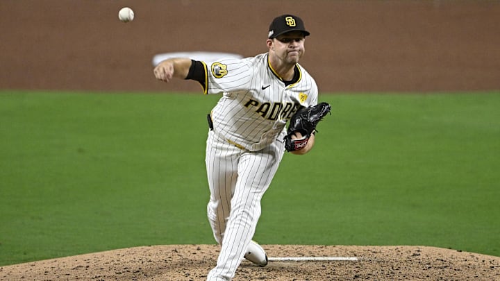 San Diego Padres pitcher Michael King throws during a Wild Card game against the Atlanta Braves on Oct. 1 at Petco Park. San Diego Padres pitcher Michael King throws during a Wild Card game against the Atlanta Braves on Oct. 1 at Petco Park.