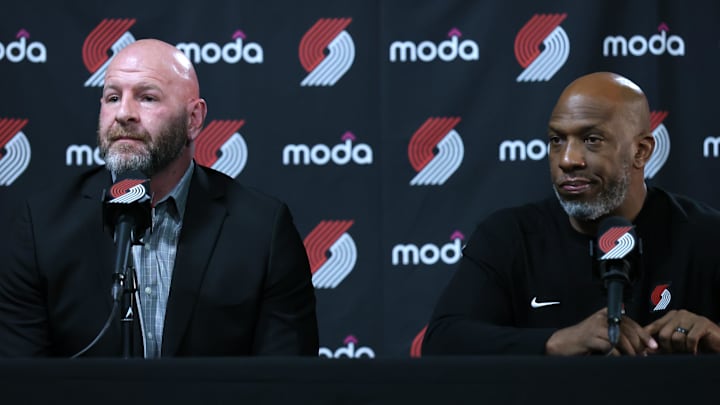 Apr 13, 2025; Portland, Oregon, USA: Portland Trail Blazers general manager Joe Cronin (left) and Trail Blazers’ head coach Chauncey Billups field questions from the working press before Portland plays their last season game against Los Angeles Lakers at Moda Center. Mandatory Credit: Jaime Valdez-Imagn Images